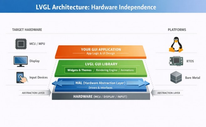 LVGL 架构图，展示硬件抽象层位于 LVGL GUI 库与目标硬件之间，实现在 MCU、RTOS、Linux 和裸机平台之间的可移植性